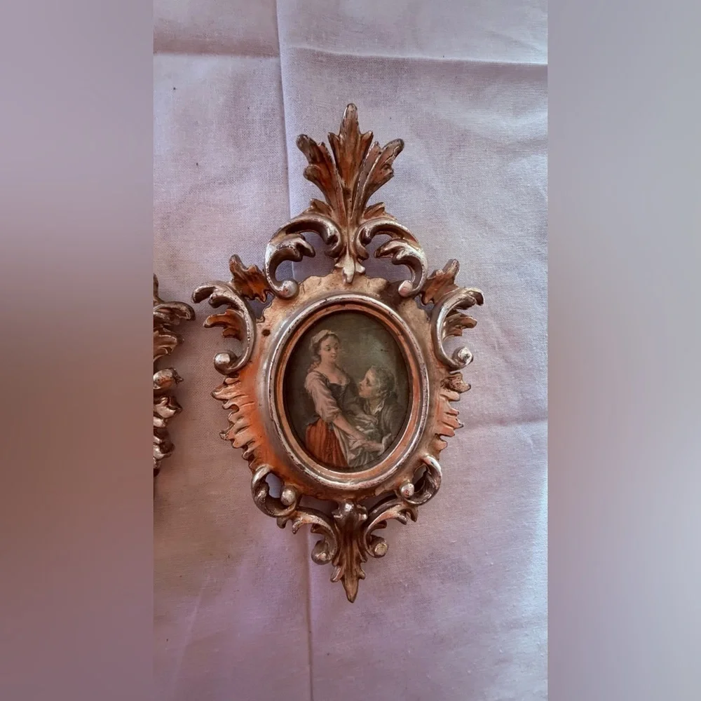 vintage Italian-style gilt gold framed silk prints